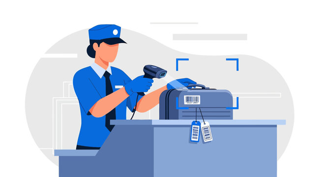 Airport security officer scanning luggage with barcode reader