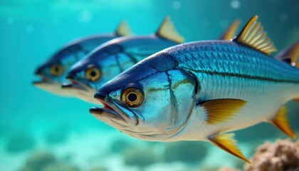 Fototapeta premium Three fish with blue scales swim in clear turquoise water. The middle fish is largest. This closeup shows their fins and open mouths. They are uncooked seafood.