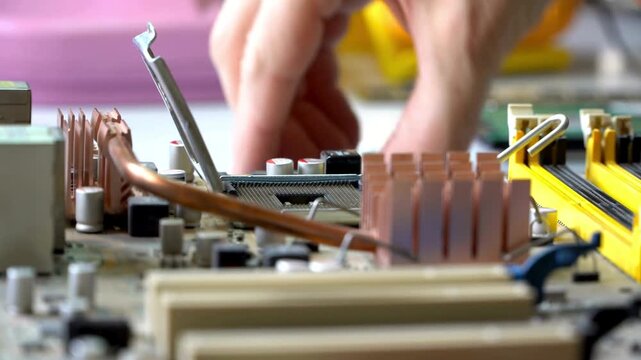 Closeup of a persons hand working on a computer motherboard with various components