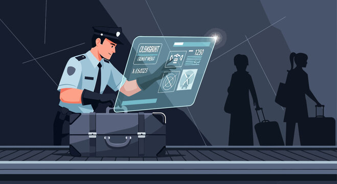 Airport Security Officer Using Futuristic Holographic Display for Baggage Screening