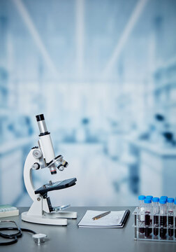 Laboratory microscope with blood test samples in modern medical research lab