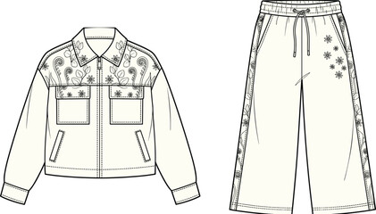 Fashion technical sketch of women zip up jacket and sweatpants set with botanical floral embroidery © MdAminur