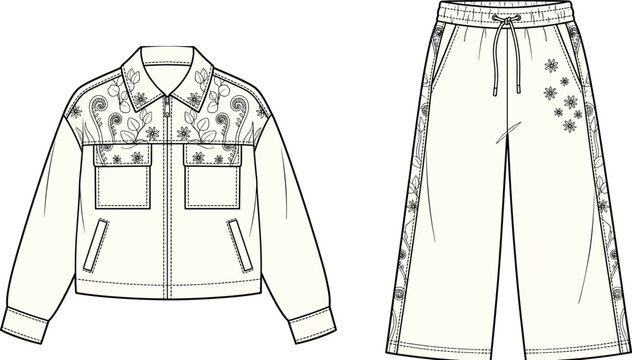 Fashion technical sketch of women zip up jacket and sweatpants set with botanical floral embroidery