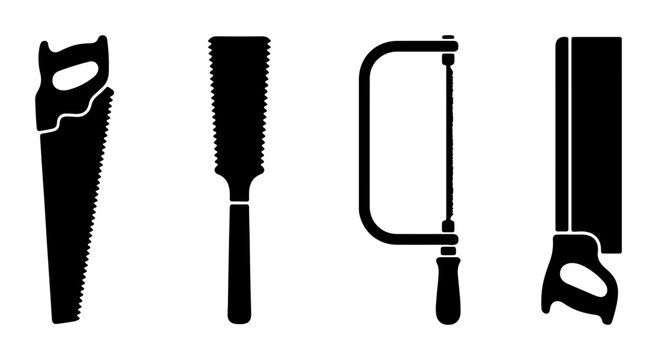 Set of Four Black Saw and File Tools, Handheld Woodworking Implements, Construction and DIY Vector Icons