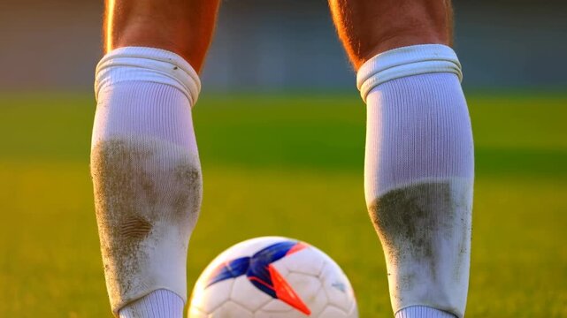 Low close view of soccer player lower legs standing over ball on grass pitch, white knee socks soiled with dirt, warm rim light, vivid green turf, focused pre-match stance