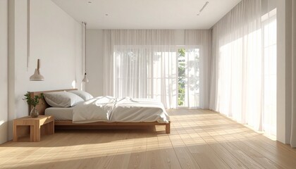 Fototapeta premium Serene Morning Light in Minimalist Japandi Bedroom Interior