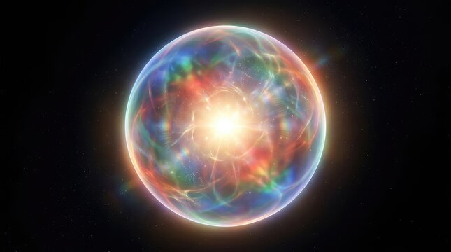 A luminous, multi-colored energy sphere suspended in the deep void of space, featuring vibrant, swirling nebular gas patterns and a brilliant, glowing core of light.