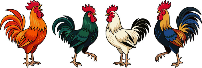 Rooster Character Vector Set Featuring Colorful Red Green White and Blue Cockerels in Various Poses for Farm and Agriculture Graphic Designs © Borsha