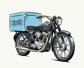 Obraz premium Delivery motorcycle, vintage bike, courier transport, retro vehicle illustration, hand-drawn sketch, food delivery, logistics art, ink design
