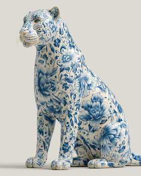 Sitting porcelain leopard covered in blue botanical patterns. Perfect for ceramic decor campaigns, fine art prints, and premium interior branding.