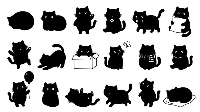 Black Kawaii Kitten Face and Body Vector Set with Cute Scandinavian Cartoon Cats for Merchandise Design