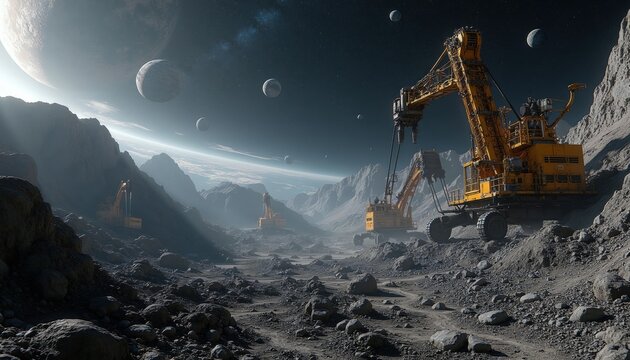 Yellow excavators operate on rocky alien planet surface. Giant machines mine asteroids under distant planets and stars. Space mining exploration in progress.