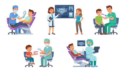 Fototapeta premium Illustrations of dental professionals and patients in various clinic settings with modern equipment.