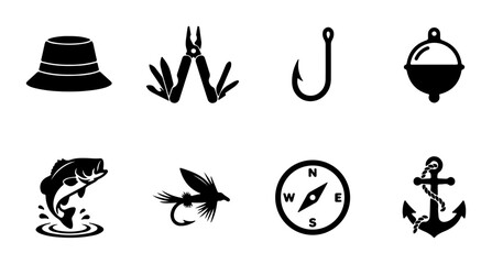 Obraz premium Fishing Icons Set: Hat, Multi-tool, Hook, Bobber, Fish, Fly, Compass, Anchor Vector Graphics