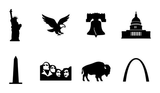 USA Icons Collection: Liberty Statue, Eagle, Liberty Bell, Capitol Building, Monument, Mount Rushmore, Bison, Arch