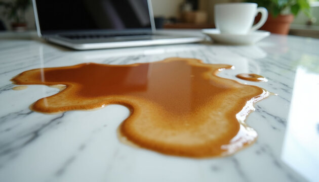Coffee spill on marble desk with laptop and cup. Messy accident on white surface, wet stain, morning work chaos, broken routine. Unwanted liquid spill, dirty tabletop accident.