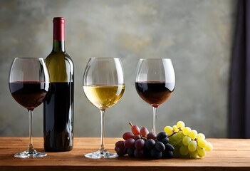 Fototapeta premium Red and white wine glasses with bottle and grapes on wooden table