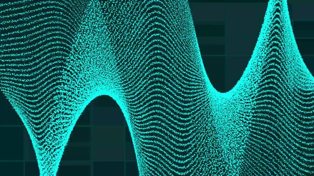 Cyan particle waveform on dark technology grid floor backdrop. Audio frequency waveform for information database computing. Animated waveform background.
