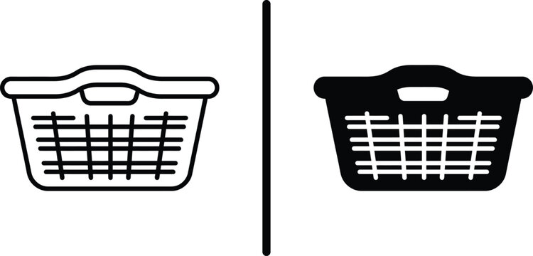 Laundry basket vector icons in black silhouette and white outline styles.