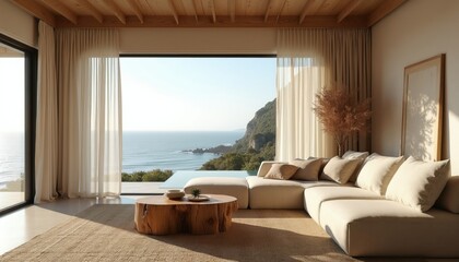 Naklejka premium Modern living room with sectional sofa and wood coffee table offers ocean view from cliffside. Natural light fills the airy, minimalist space with coastal aesthetic.