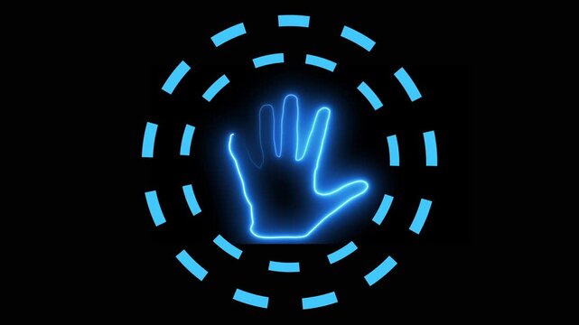 Glowing blue hand outline with circular segmented target ring. Biometric hand scan icon for digital identity verification access. Animated neon hand.