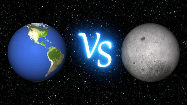 Earth and moon model facing each other with versus sign. Global competition symbol for astronomy science battle. Animated versus sign graphic in cosmic space.