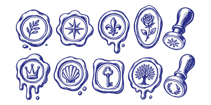 wax seal and vintage stamp element royal letter doodle icon set vector illustration