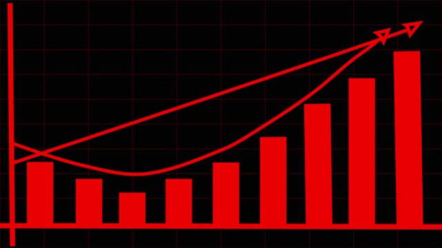 Red bar chart illustrating upward growth trend with arrows. Financial progress bar chart for business revenue performance. Animated bar chart for economics.
