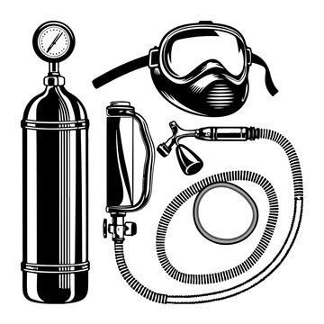 Black and white illustration of scuba diving equipment