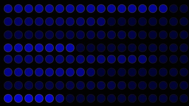 Rows of blue circles fading on black background layout. Abstract geometric circles pattern for modern corporate presentation. Animated circle graphic.