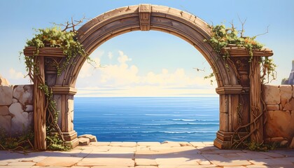 Fototapeta premium Ancient stone archway wide shot overlooking the sea digital illustration bright sunlight on a clear sky and stone terrace background.