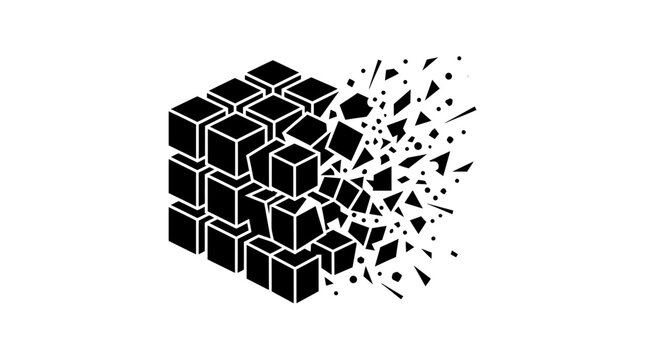 Exploding Cube Abstract Art, Geometric Deconstruction, Black and White Design