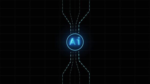 AI logo with circuit board lines on dark grid background. Artificial intelligence technology icon for advanced machine learning. Animated AI logo graphic.