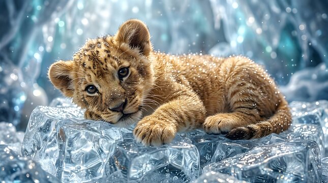 Lion cub resting on ice cubes in a sparkling frosty environment with a curious expression on its face and a serene atmosphere.