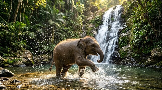 Baby elephant playing in a tropical waterfall splashing water with its trunk and legs in a natural jungle setting with lush greenery and a rocky stream