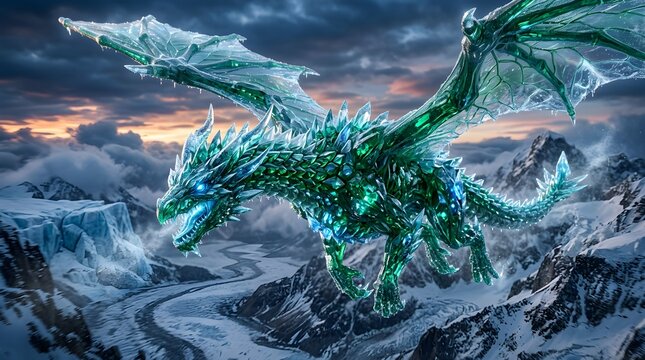A majestic icy green dragon soars through a snowy mountain range at sunset with sharp crystal spikes and glowing blue eyes in a dramatic cloudy sky.