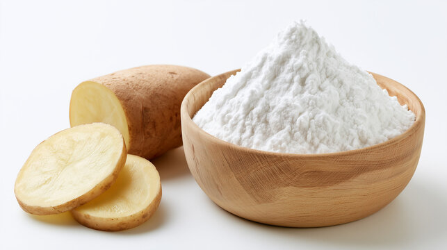 Potato starch powder in a wooden bowl with sliced potatoes isolated on white background for culinary or baking purposes