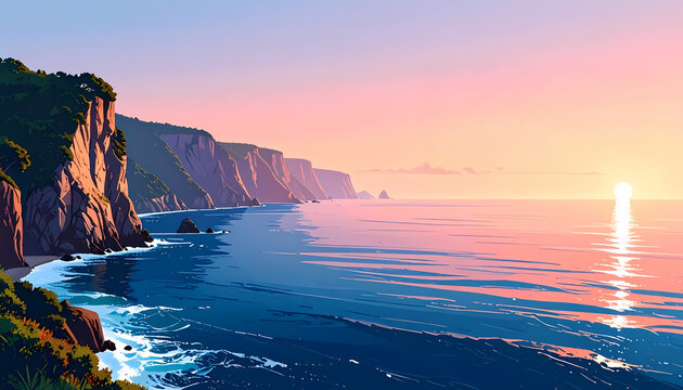 Coastal cliffs and calm ocean wide angle panoramic view for travel scenery, stylized digital illustration with warm sunset glow against a soft gradient pink sky.
