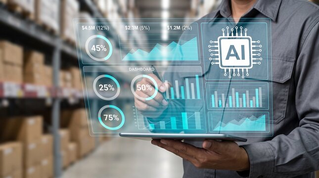 Businessman analyzing ai-powered data dashboard on tablet in warehouse, showcasing futuristic technology for inventory management and logistics optimization with graphs and charts.