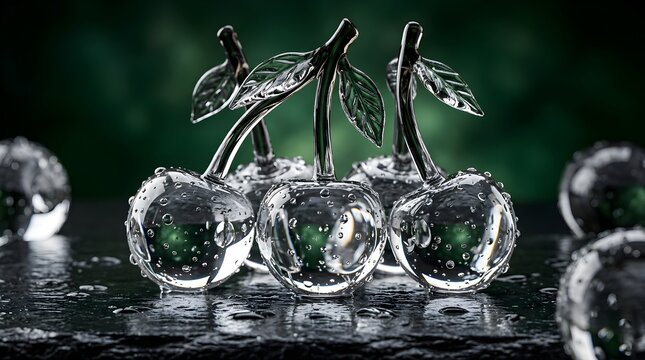 Sparkling glass cherries glistening with water droplets, a refreshing and elegant still life