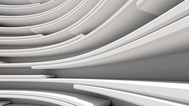 Abstract 3D render of white curved stacked architectural layers. Minimalist futuristic geometric background