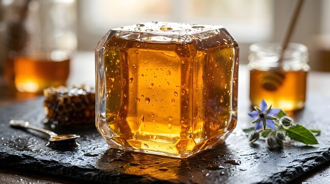 Golden liquid honey in a faceted glass jar, served with honeycomb and a dipper.