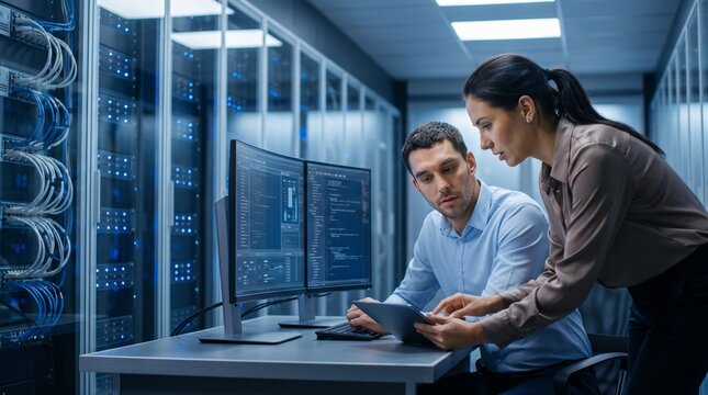 Two it professionals collaborating in a data center, analyzing code on dual computer monitors amidst server racks and cables, perfect for technology and teamwork concepts.