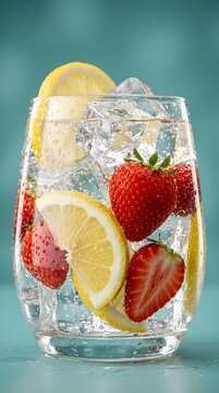 Refreshing summer drink with fresh strawberries and lemon slices in ice water.