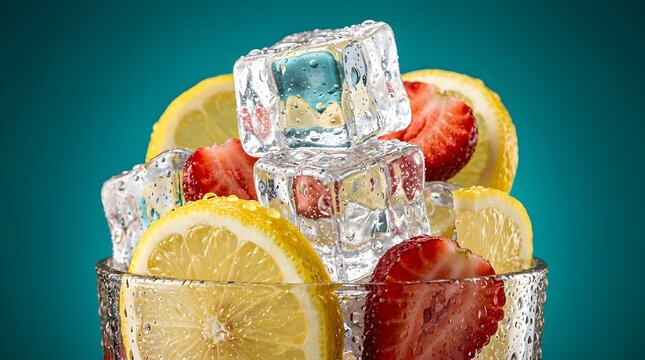 Refreshing summer drink with ice, strawberries, and lemon slices in a glass
