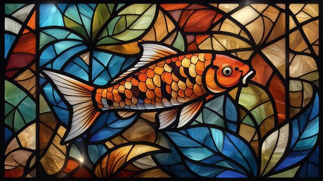 Stained glass koi fish, vibrant orange carp swimming through abstract mosaic patterns of colorful leaves, cinematic motion loop, artistic interior design element, symbolizing luck and prosperity