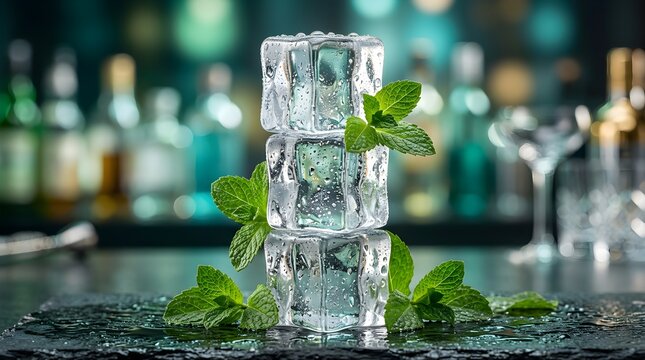 Refreshing ice cubes stacked and garnished with fresh mint leaves, perfect for a cool drink.