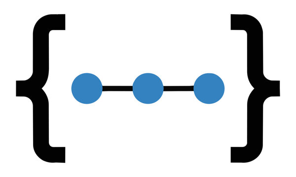 Minimal monoline icon with square brackets and interconnected circular nodes representing a data array isolated on white background. Modern technology concept