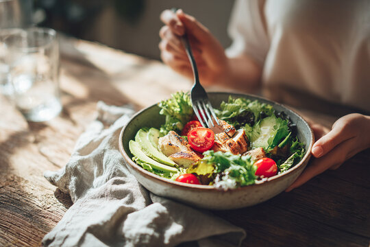 Woman Eating Healthy Chicken Avocado Salad