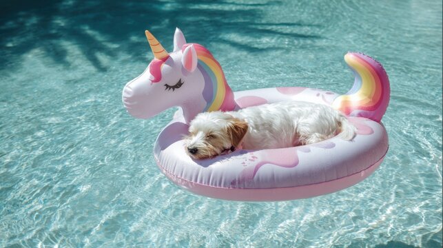 adorable dog sleeping on inflatable unicorn pool float, sunny summer day, playful atmosphere, crystal clear water, lifestyle pet photography, ultra